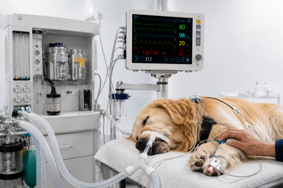 Paciente veterinario monitorizado durante un procedimiento anestésico con equipamiento médico avanzado